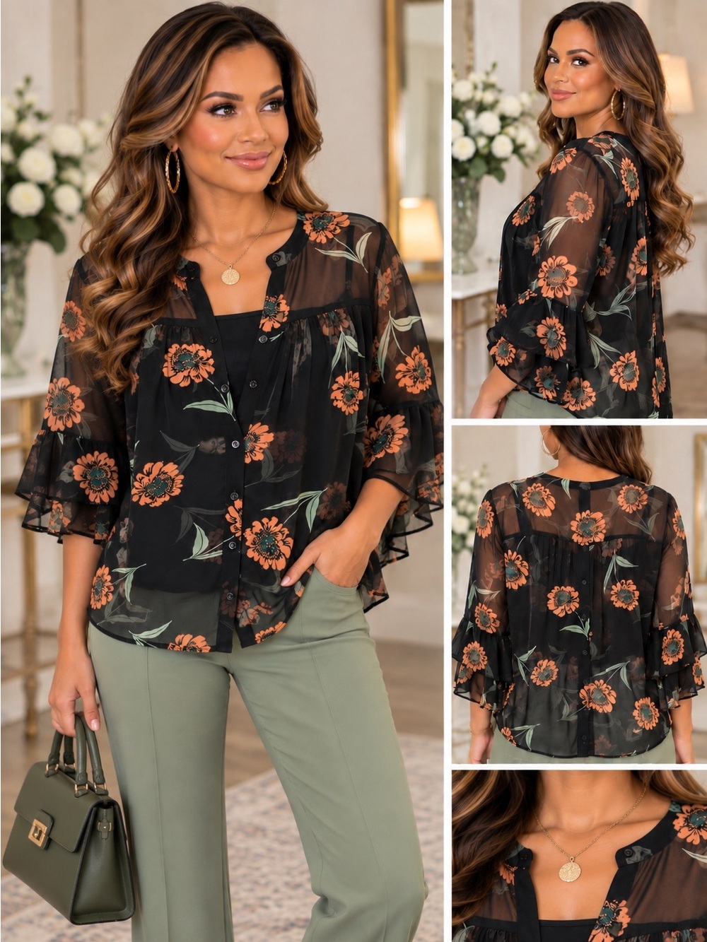 CAbi Black Sheer Floral Button-Front Blouse with Peach Blooms